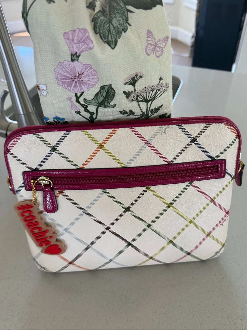 Coach Tattersall plaid Peyton tablet iPad, Crossbody case EUC w/coachie charm